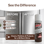 A Bull Shot Stainless Steel Cleaner can sits by a fridge: the left side labeled Before (dirty with fingerprints, grease, water spots), the right labeled After (clean and shiny).