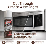 A can of Bull Shot Stainless Steel Cleaner sits beside a microwave with one half greasy and the other spotless, showcasing its powerful cleaning performance. Text highlights its effectiveness for stainless steel surfaces.