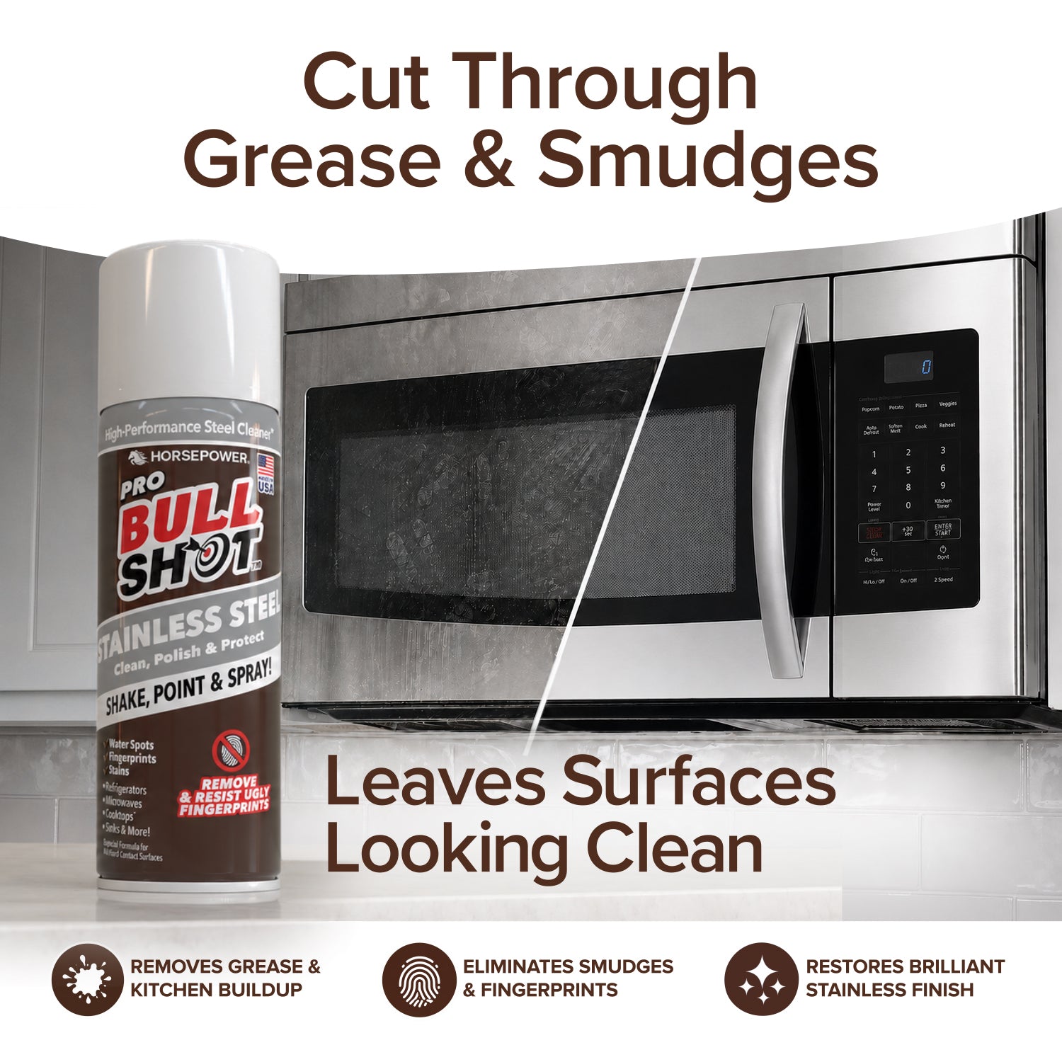 A can of Bull Shot Stainless Steel Cleaner sits beside a microwave with one half greasy and the other spotless, showcasing its powerful cleaning performance. Text highlights its effectiveness for stainless steel surfaces.