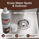 A split-screen image shows a stainless steel sink with water spots (before) and a spotless, gleaming finish (after) beside a can of Bull Shot Stainless Steel Cleaner, with icons highlighting its key benefits.