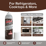 A can of Bull Shot Stainless Steel Cleaner stands beside its cap, with text showing it's ideal for refrigerators, cooktops, microwaves, and sinks—cleaning, polishing, and protecting stainless steel surfaces.