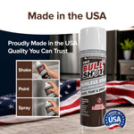 A can of Bull Shot Stainless Steel Cleaner sits on a countertop beside an American flag. Three inset images show steps: Shake, Point, Spray. Text says Made in the USA and Quality You Can Trust.
