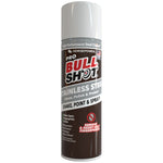 A silver and brown aerosol can of Bull Shot Stainless Steel Cleaner, with text highlighting its power to clean, polish, protect, and resist fingerprints on stainless steel surfaces.