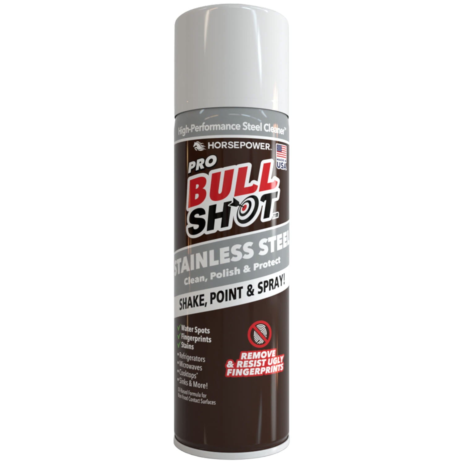 A silver and brown aerosol can of Bull Shot Stainless Steel Cleaner, with text highlighting its power to clean, polish, protect, and resist fingerprints on stainless steel surfaces.