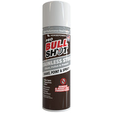 A silver and brown aerosol can of Bull Shot Stainless Steel Cleaner, with text highlighting its power to clean, polish, protect, and resist fingerprints on stainless steel surfaces.