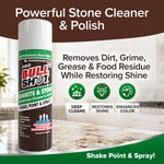 A can of Bull Shot Granite & Stone is displayed on a countertop, with text highlighting its powerful ability to remove dirt, grime, grease, and food residue from granite surfaces while deep cleaning, restoring shine, and enhancing the color.