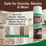Next to stone samples labeled Granite, Marble, Engineered Stone, Sealed Stone, and Unsealed Stone is a can of Bull Shot Granite & Stone. The text emphasizes that this non-acidic cleaner is suitable for use as a granite cleaner and is compatible with a variety of stone surfaces.