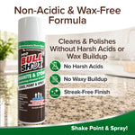 A can of Bull Shot Granite & Stone on a granite countertop, with text highlighting its non-acidic, wax-free formula and benefits: free from harsh acids, no waxy buildup, and delivers a streak-free finish—making it the ideal non-acidic cleaner for all your stone surfaces.