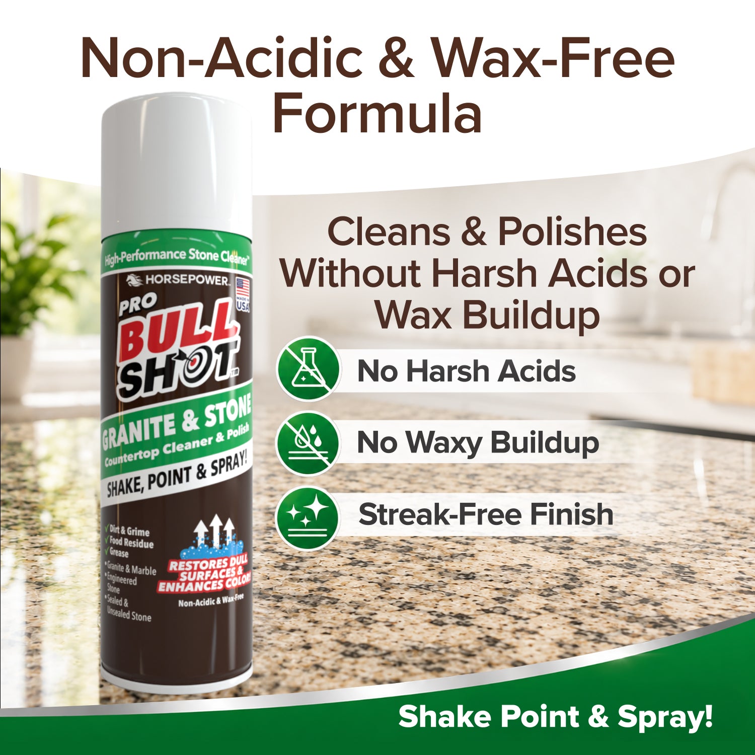 A can of Bull Shot Granite & Stone on a granite countertop, with text highlighting its non-acidic, wax-free formula and benefits: free from harsh acids, no waxy buildup, and delivers a streak-free finish—making it the ideal non-acidic cleaner for all your stone surfaces.