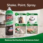 A can of Bull Shot Granite & Stone—a powerful, non-acidic stone cleaner—is shown with step-by-step images: shake the can, point the nozzle, spray onto the surface, and wipe with a cloth. Text highlights restoring and enhancing stone surfaces.