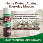 A can of Bull Shot Granite & Stone is shown. Insets display water marks, drink spills, crumbs, and everyday grime on stone surfaces. Text highlights protection against everyday messes with this non-acidic stone surface cleaner.
