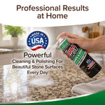 A hand sprays Bull Shot Granite & Stone cleaner onto a granite countertop with a cloth nearby. Text highlights Professional Results at Home and Powerful Cleaning & Polishing For Beautiful Stone Surfaces Every Day with this non-acidic stone cleaner.