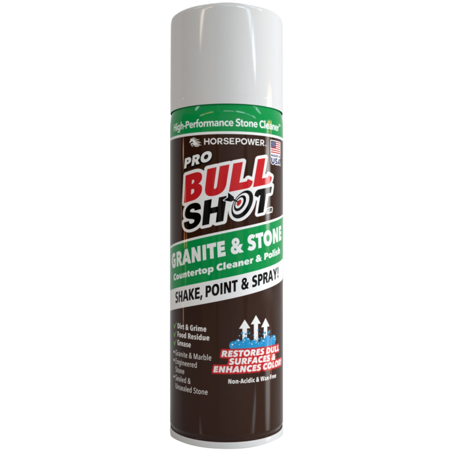 A can of Bull Shot Granite & Stone Countertop Cleaner & Polish with a gray cap, featuring green, black, white, and red labeling along with usage instructions. This non-acidic cleaner is specially formulated to be an effective granite and stone surface cleaner, leaving your countertops sparkling clean and polished without causing any damage.