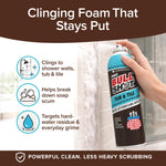 A hand sprays Bull Shot Tub & Tile foaming cleaner onto a shower wall. Text highlights its benefits: clings to surfaces, breaks down soap scum, and removes hard-water residue and grime.