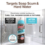 A can of Bull Shot Tub & Tile cleaner is shown in a glass shower, with text highlighting its powerful soap scum removal. Before and After images reveal dramatic results, emphasizing less scrubbing is required.