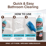 Instructional image for Bull Shot Tub & Tile: spray cleaner on the surface, let foam cling and penetrate, then wipe with a cloth or sponge for a streak-free finish.