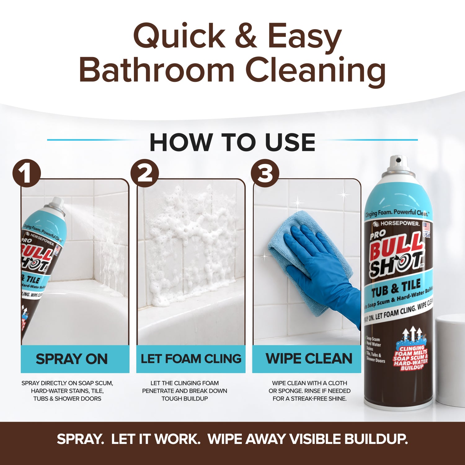 Instructional image for Bull Shot Tub & Tile: spray cleaner on the surface, let foam cling and penetrate, then wipe with a cloth or sponge for a streak-free finish.
