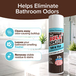 A can of Bull Shot Tub & Tile is shown in a bright bathroom. Text highlights its benefits: eliminates odors, cleans buildup, removes soap scum, tackles stains and residue, and leaves a fresh scent.