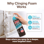 A hand sprays Bull Shot Tub & Tile foaming cleaner onto dirty white bathroom tiles. The foam clings to surfaces, breaking down buildup and removing soap scum for a deeper, more focused clean.