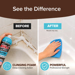 A side-by-side comparison shows a dirty bathtub corner sprayed with Bull Shot Tub & Tile (before) and the same area wiped clean with a blue cloth (after), highlighting the effectiveness of this soap scum remover.