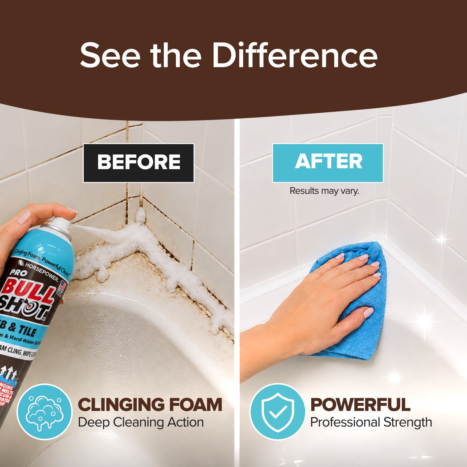 A side-by-side comparison shows a dirty bathtub corner sprayed with Bull Shot Tub & Tile (before) and the same area wiped clean with a blue cloth (after), highlighting the effectiveness of this soap scum remover.