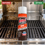 A grill is shown with a can of Bull Shot BBQ cleaner in front. The left side of the grill is dirty (BEFORE), while the right side is spotless (AFTER). Ideal for grilling enthusiasts, Bull Shot BBQ promises to quickly eliminate grease and char, leaving your barbecue clean and primed to deliver rich, smoky flavor in every meal.