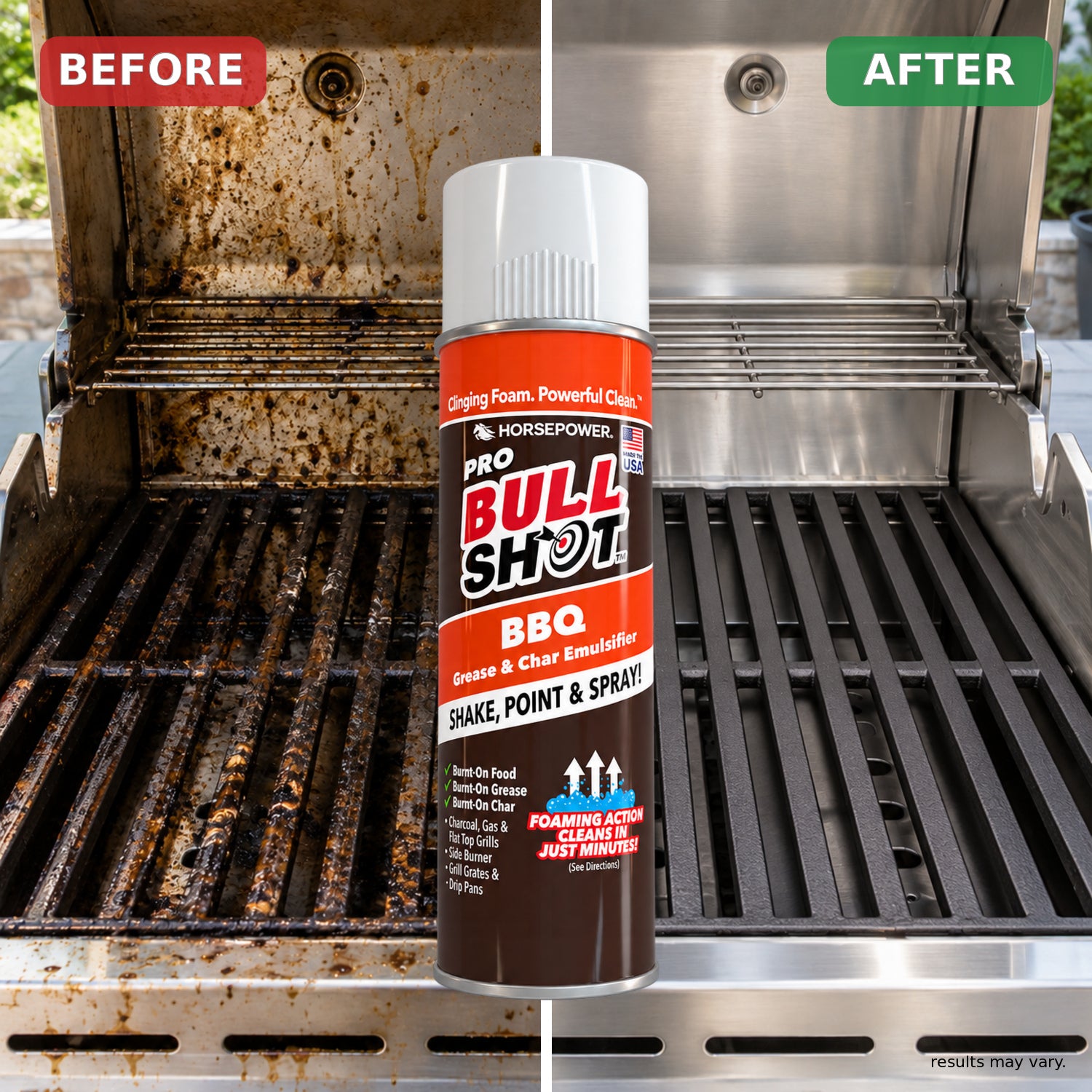 A grill is shown with a can of Bull Shot BBQ cleaner in front. The left side of the grill is dirty (BEFORE), while the right side is spotless (AFTER). Ideal for grilling enthusiasts, Bull Shot BBQ promises to quickly eliminate grease and char, leaving your barbecue clean and primed to deliver rich, smoky flavor in every meal.