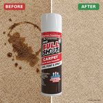 A can of Bull Shot Carpet stands between two carpet sections: the left side is stained, labeled BEFORE, and the right side is clean, labeled AFTER. Text on the can reads Bull Shot Carpet, highlighting its reputation as a powerful foam cleaner.