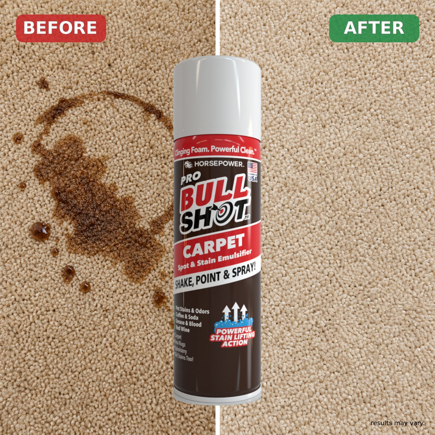 A can of Bull Shot Carpet stands between two carpet sections: the left side is stained, labeled BEFORE, and the right side is clean, labeled AFTER. Text on the can reads Bull Shot Carpet, highlighting its reputation as a powerful foam cleaner.