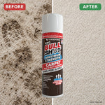A can of Bull Shot Carpet is positioned between a dirty, stained carpet (left, labeled Before) and a clean carpet (right, labeled After). The can’s label emphasizes its powerful foam cleaner formula and outstanding stain removal ability—making Bull Shot Carpet an excellent pet-safe upholstery cleaner.