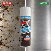 A can of Bull Shot Degreaser is displayed between a greasy, dirty surface labeled BEFORE and a spotless metal surface labeled AFTER, illustrating the effective grease-removing power of this kitchen cleaner.