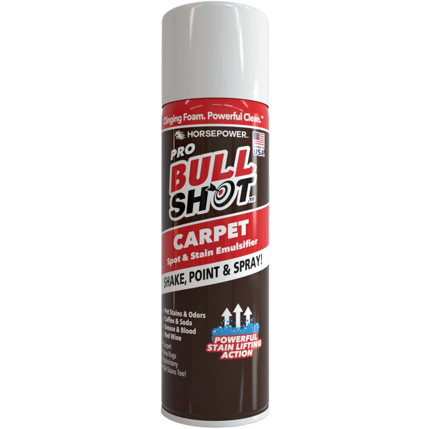 A can of Bull Shot Carpet, with red, black, and white labeling. This pet-safe carpet cleaner delivers powerful stain lifting for pet stains, odors, blood, wine, coffee, and more.