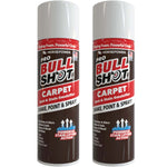 Two cans of Bull Shot Carpet, a powerful foam cleaner and stain remover designed to eliminate stains and odors from carpets. The cans feature a white and brown design with red and black text, highlighting their Powerful Stain Lifting Action.