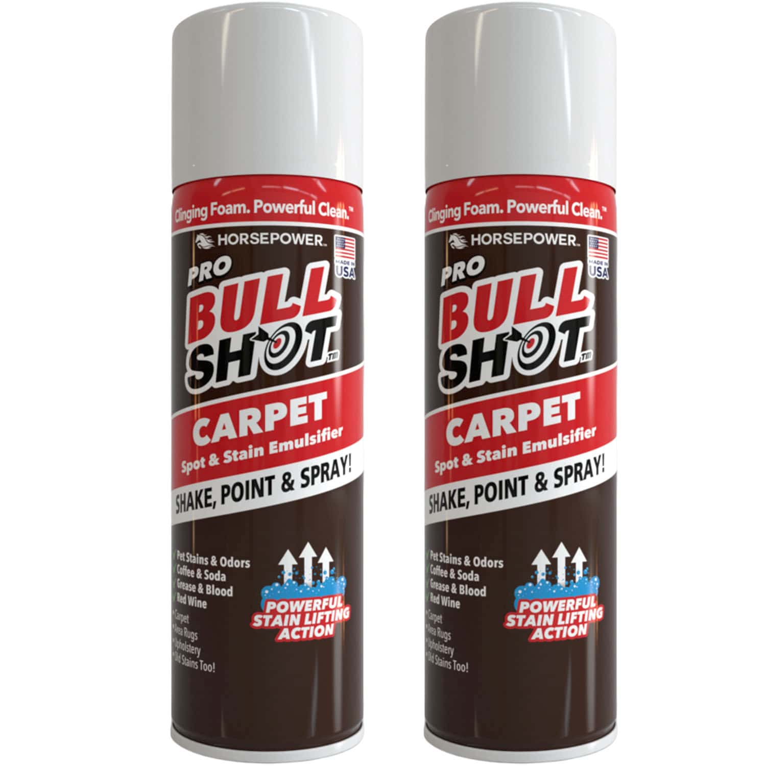 Two cans of Bull Shot Carpet, a powerful foam cleaner and stain remover designed to eliminate stains and odors from carpets. The cans feature a white and brown design with red and black text, highlighting their Powerful Stain Lifting Action.