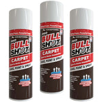 Three cans of Bull Shot Carpet are shown, each with red, white, and brown labels featuring the slogan “Powerful Stain Lifting Action” and instructions to “Shake, Point & Spray!” This carpet stain remover acts as a powerful foam cleaner that is also a pet-safe upholstery cleaner for worry-free use around your home.
