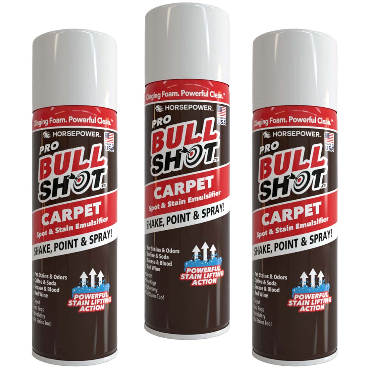 Three cans of Bull Shot Carpet are shown, each with red, white, and brown labels featuring the slogan “Powerful Stain Lifting Action” and instructions to “Shake, Point & Spray!” This carpet stain remover acts as a powerful foam cleaner that is also a pet-safe upholstery cleaner for worry-free use around your home.