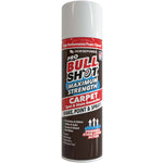 A can of Bull Shot Carpet cleaner with a gray cap, featuring red, blue, and white text that highlights its powerful foam formula for spot and stain removal on carpets.