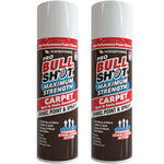 Two cans of Bull Shot Carpet, with distinctive red, white, and blue labels displaying cleaning instructions and a list of uses for stain and odor removal. This powerful foam cleaner effectively targets carpet stains and is ideal as a pet-safe upholstery cleaner for handling tough messes throughout your home.