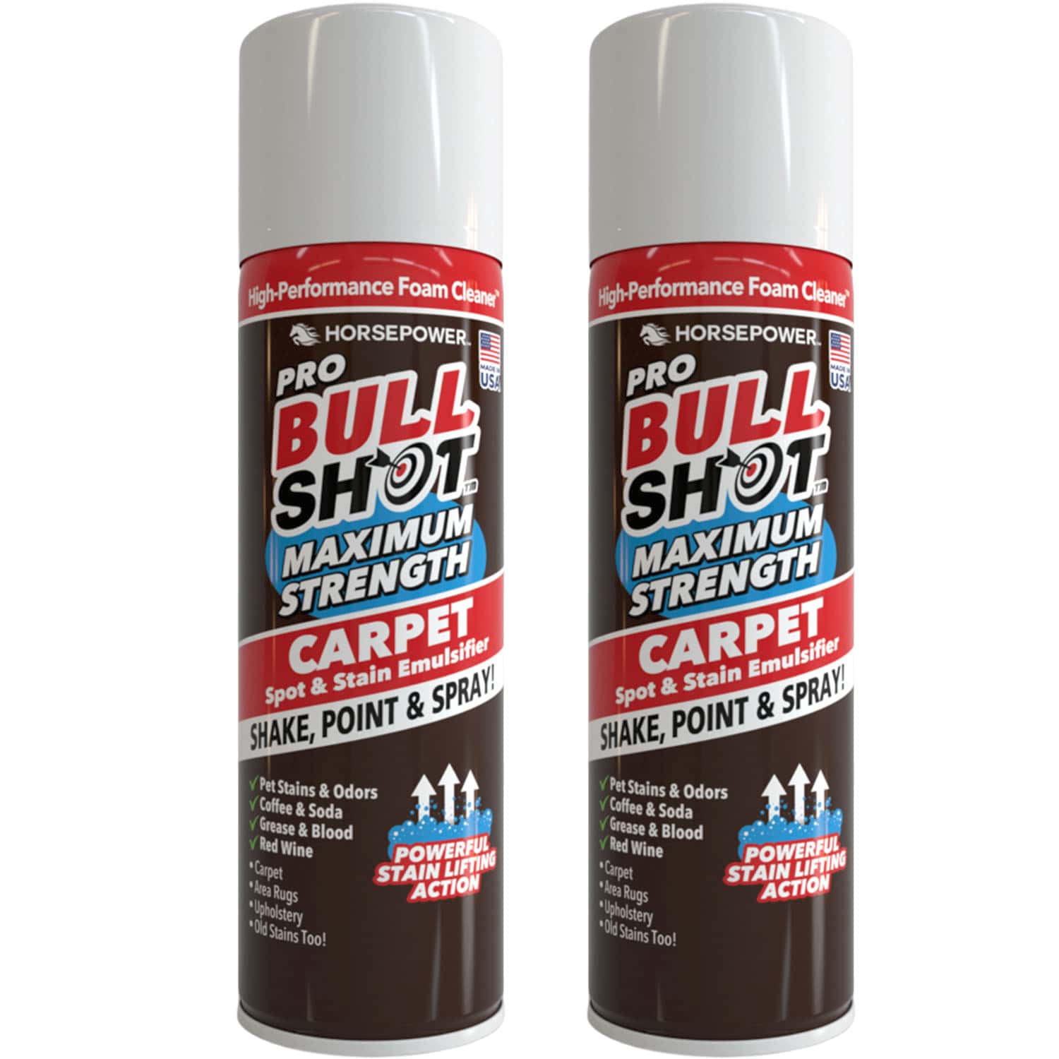Two cans of Bull Shot Carpet, with distinctive red, white, and blue labels displaying cleaning instructions and a list of uses for stain and odor removal. This powerful foam cleaner effectively targets carpet stains and is ideal as a pet-safe upholstery cleaner for handling tough messes throughout your home.