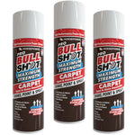 Three cans of Bull Shot Carpet are displayed, featuring red, black, and white labels that emphasize its powerful stain-lifting capabilities as a carpet stain remover and pet-safe upholstery cleaner, along with instructions to shake, point, and spray.