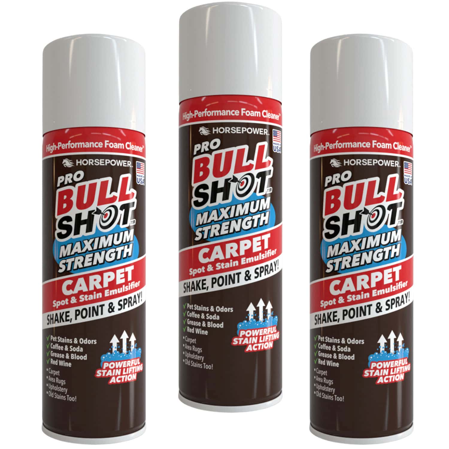 Three cans of Bull Shot Carpet are displayed, featuring red, black, and white labels that emphasize its powerful stain-lifting capabilities as a carpet stain remover and pet-safe upholstery cleaner, along with instructions to shake, point, and spray.