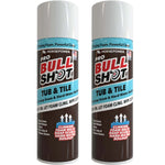 Two cans of Bull Shot Tub & Tile foaming cleaner with blue caps, featuring text highlighting its effectiveness at removing soap scum and hard-water buildup, and labels displaying American flags at the top. This powerful bathroom cleaner delivers a sparkling clean finish by effectively eliminating soap scum.