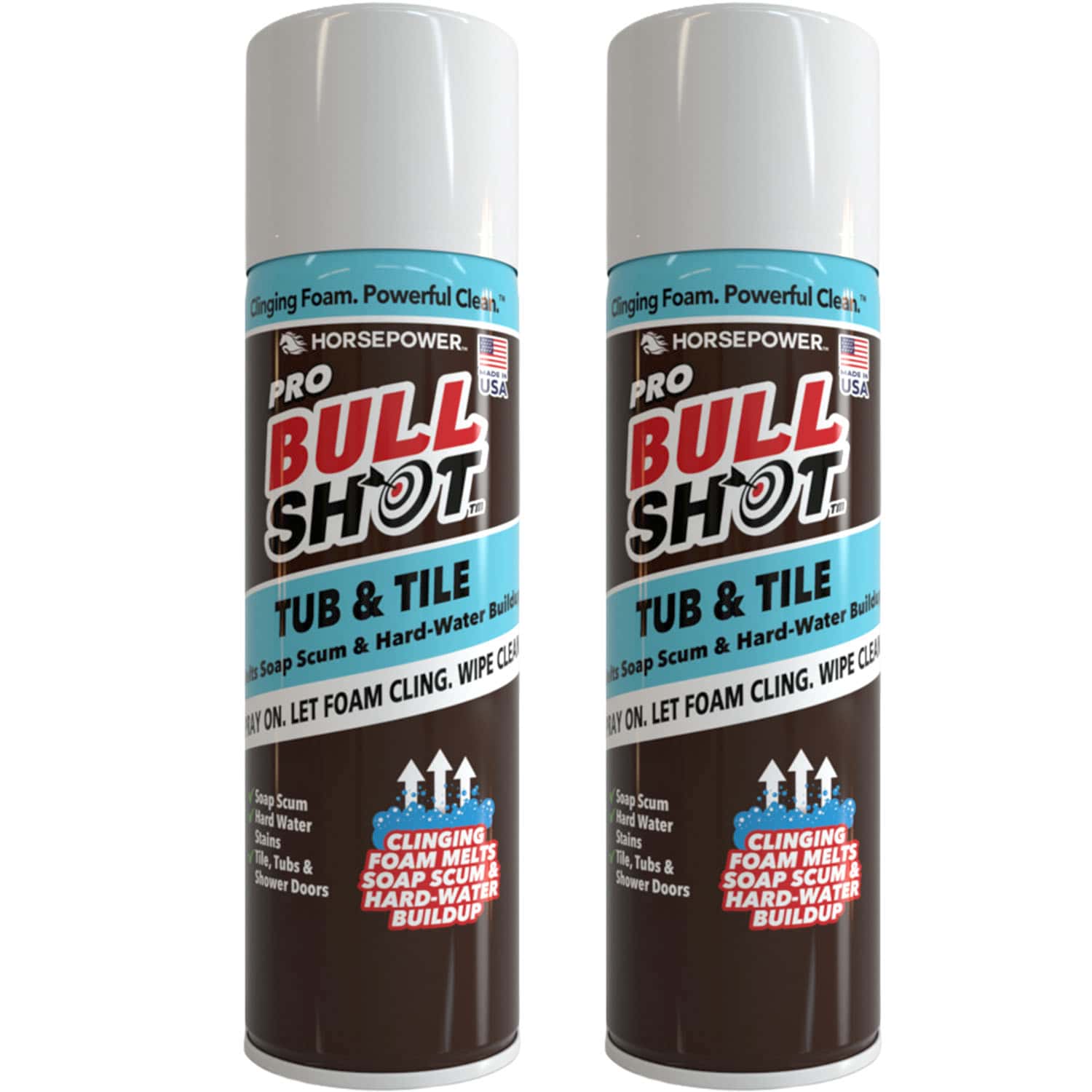 Two cans of Bull Shot Tub & Tile foaming cleaner with blue caps, featuring text highlighting its effectiveness at removing soap scum and hard-water buildup, and labels displaying American flags at the top. This powerful bathroom cleaner delivers a sparkling clean finish by effectively eliminating soap scum.