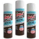 Three cans of Bull Shot Tub & Tile cleaner stand upright, featuring white caps and labels that highlight its effectiveness at removing soap scum and hard-water buildup. The powerful cling-foam formula delivers optimal coverage for thorough, effective cleaning on all surfaces.