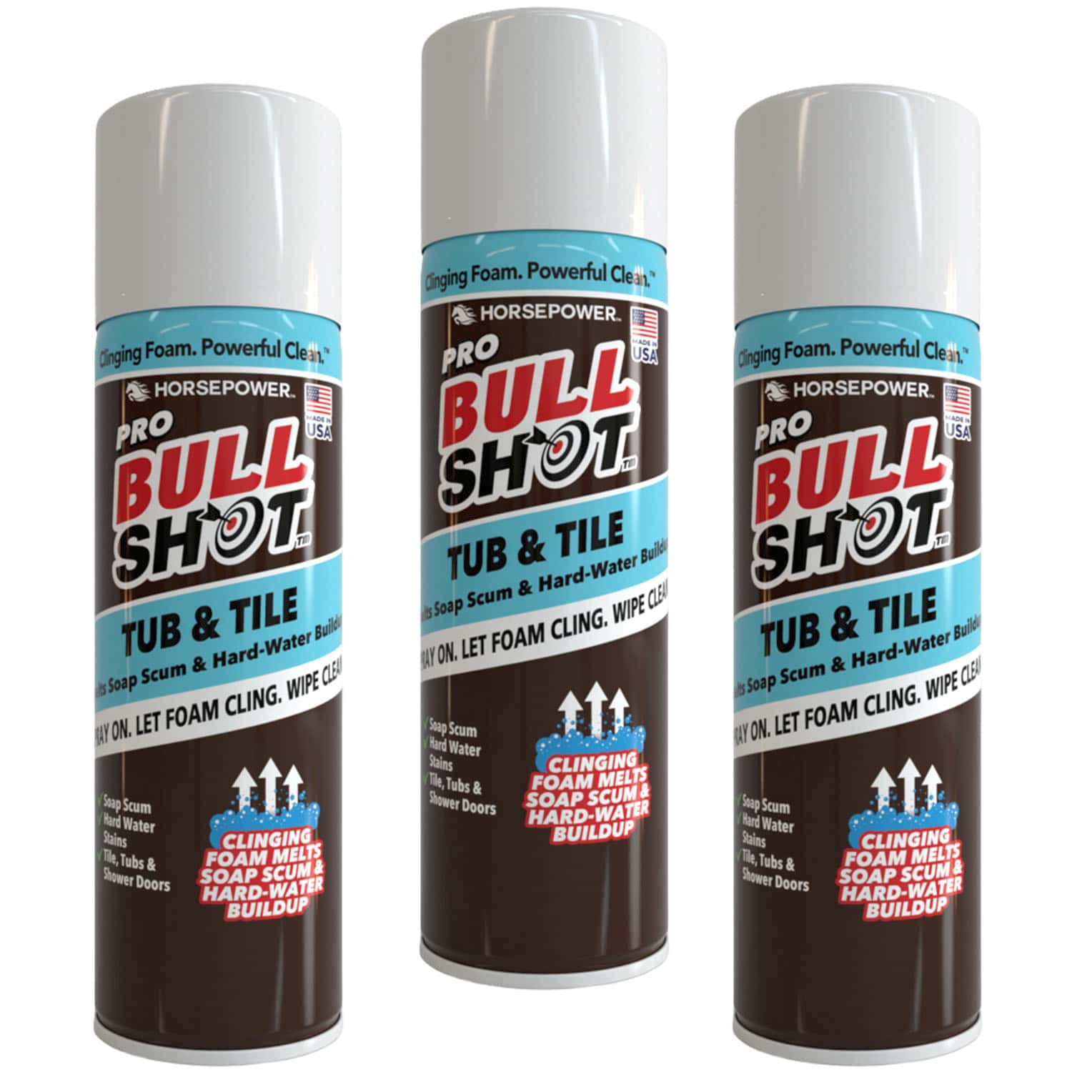 Three cans of Bull Shot Tub & Tile cleaner stand upright, featuring white caps and labels that highlight its effectiveness at removing soap scum and hard-water buildup. The powerful cling-foam formula delivers optimal coverage for thorough, effective cleaning on all surfaces.