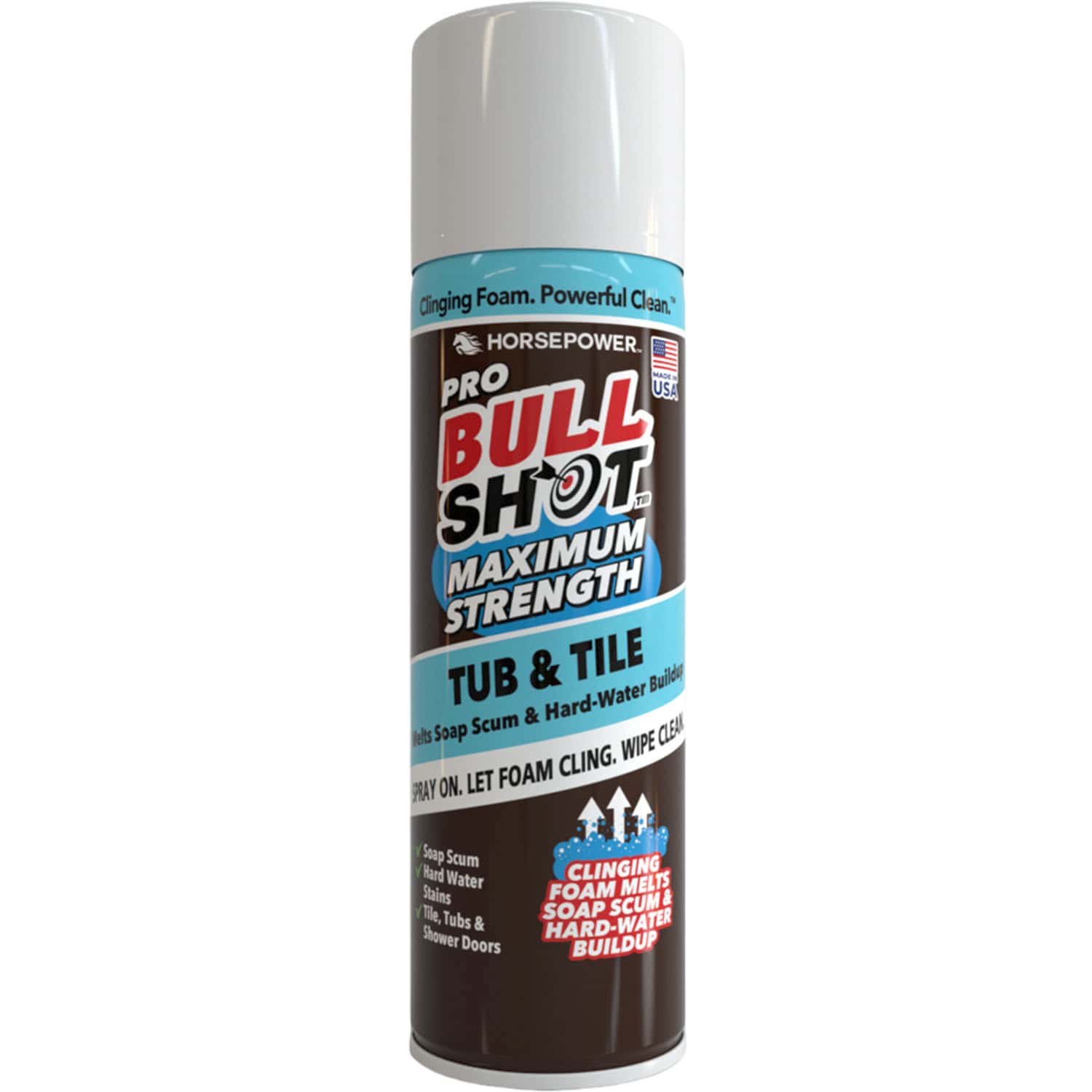 A can of Bull Shot Tub & Tile cleaner, with a gray cap and a brown, blue, and red label featuring text about removing soap scum and hard-water buildup.