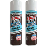 Two cans of Bull Shot Tub & Tile cleaner, a powerful bathroom solution designed to remove soap scum and hard water buildup, featuring a distinctive black, white, and red label with product information clearly displayed. This effective cleaner utilizes cling foam technology for thorough cleaning of tubs and tiles.