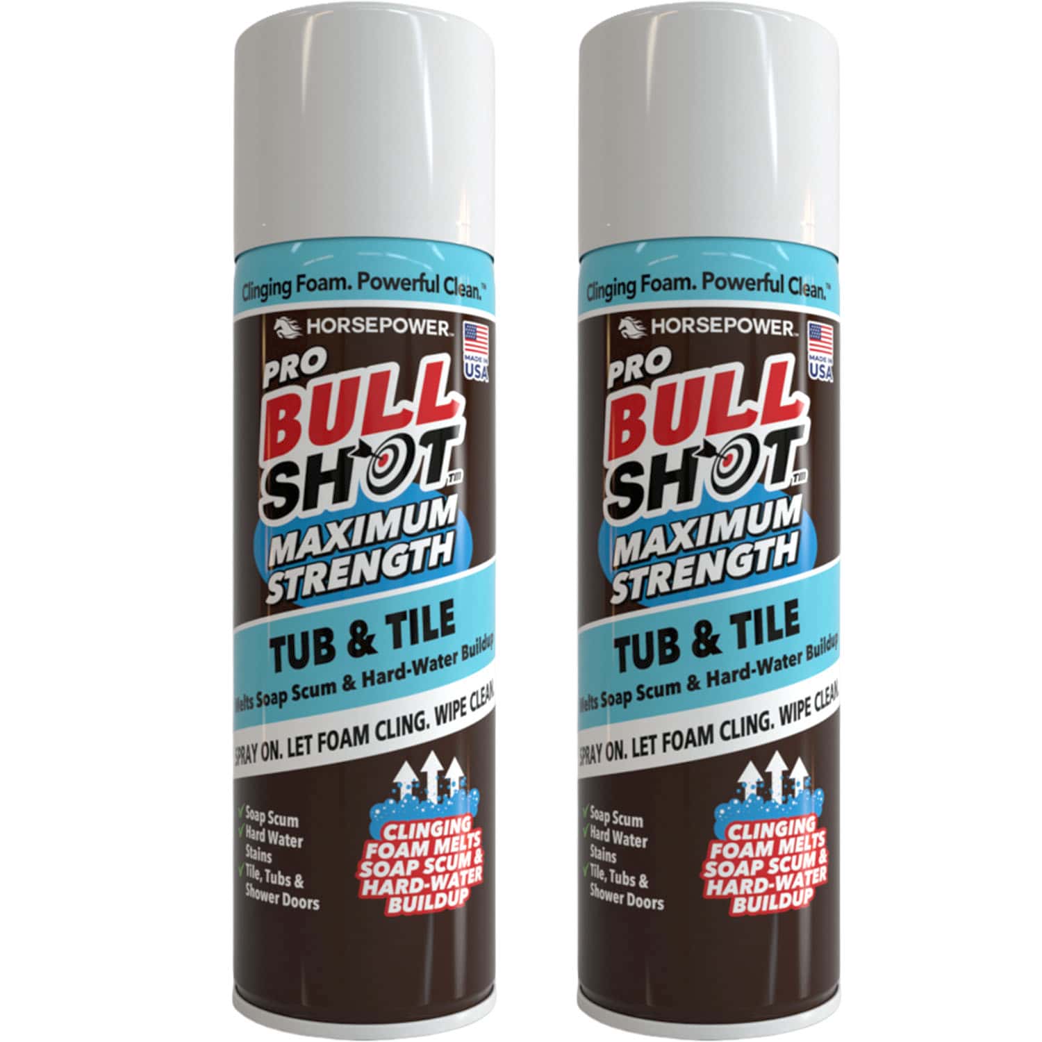 Two cans of Bull Shot Tub & Tile cleaner, a powerful bathroom solution designed to remove soap scum and hard water buildup, featuring a distinctive black, white, and red label with product information clearly displayed. This effective cleaner utilizes cling foam technology for thorough cleaning of tubs and tiles.