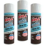 Three cans of Bull Shot Tub & Tile, a powerful bathroom cleaner with red, white, black, and blue labels featuring clinging foam action for effective tub and tile cleaning, tough soap scum removal, and hard water build-up removal.