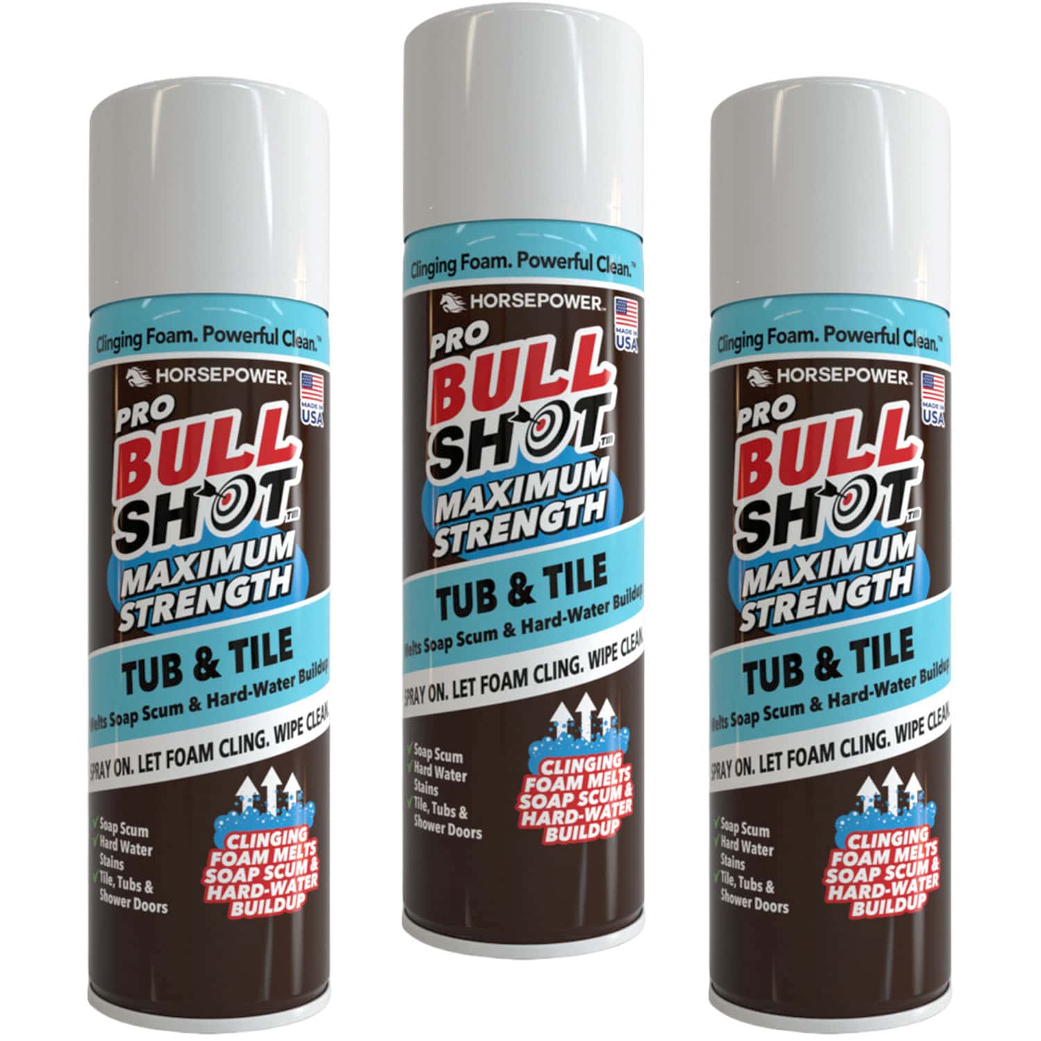 Three cans of Bull Shot Tub & Tile, a powerful bathroom cleaner with red, white, black, and blue labels featuring clinging foam action for effective tub and tile cleaning, tough soap scum removal, and hard water build-up removal.